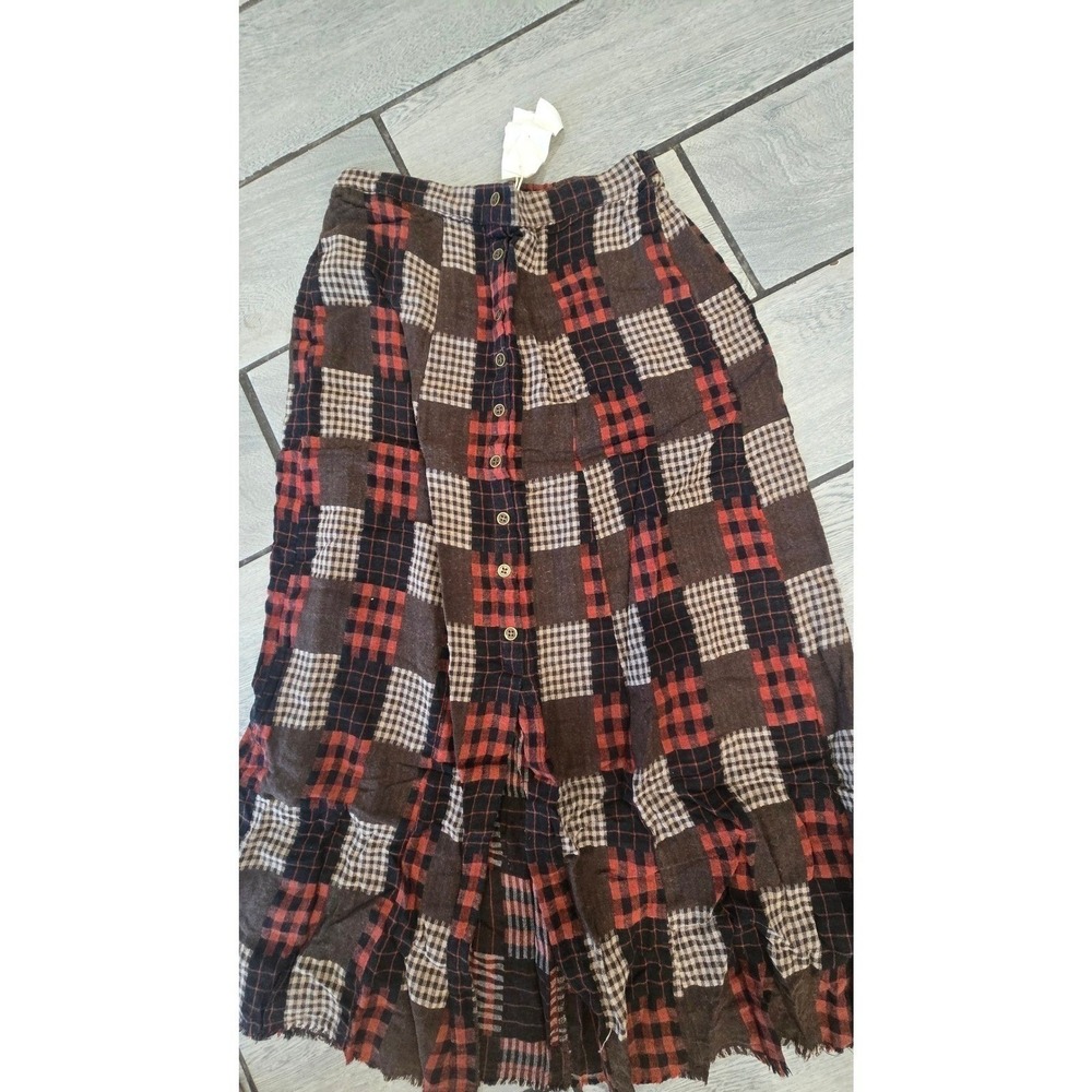 Mystree Patchwork Plaid Maxi Skirt Red Brown Cotton Button Front Frayed Hem L
